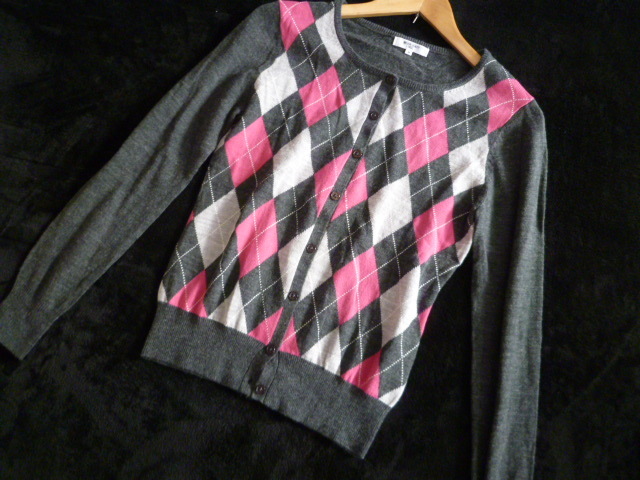 NATURAL BEAUTY BASIC/ナチュラルビューティーベーシック○グレーアーガイルニットカーディガンM/サンエー○K1022拍卖