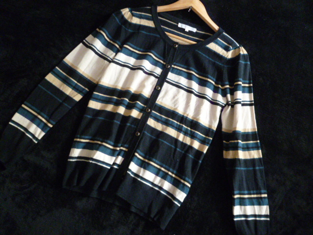 grove/グローブ○黒×ベージュ×グリーンボーダーニットカーディガンM/ワールドバイカラー緑ブラック○K1022拍卖