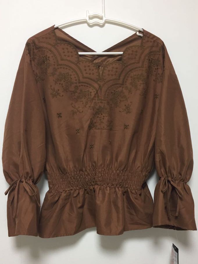 しまむら スカラップ 刺繍 ブラウス ブラウン L拍卖