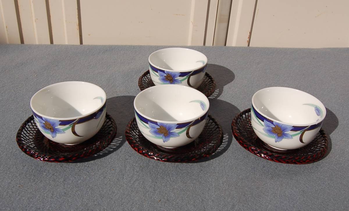 4客セット 竹製:茶托 竹編み  吾山窯:湯飲み 桔梗文拍卖