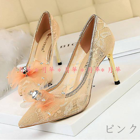 パンプス 24cm レース リボン ビジュー 38 ピンク 新品 即納 119986 ハイヒール ピンヒール拍卖