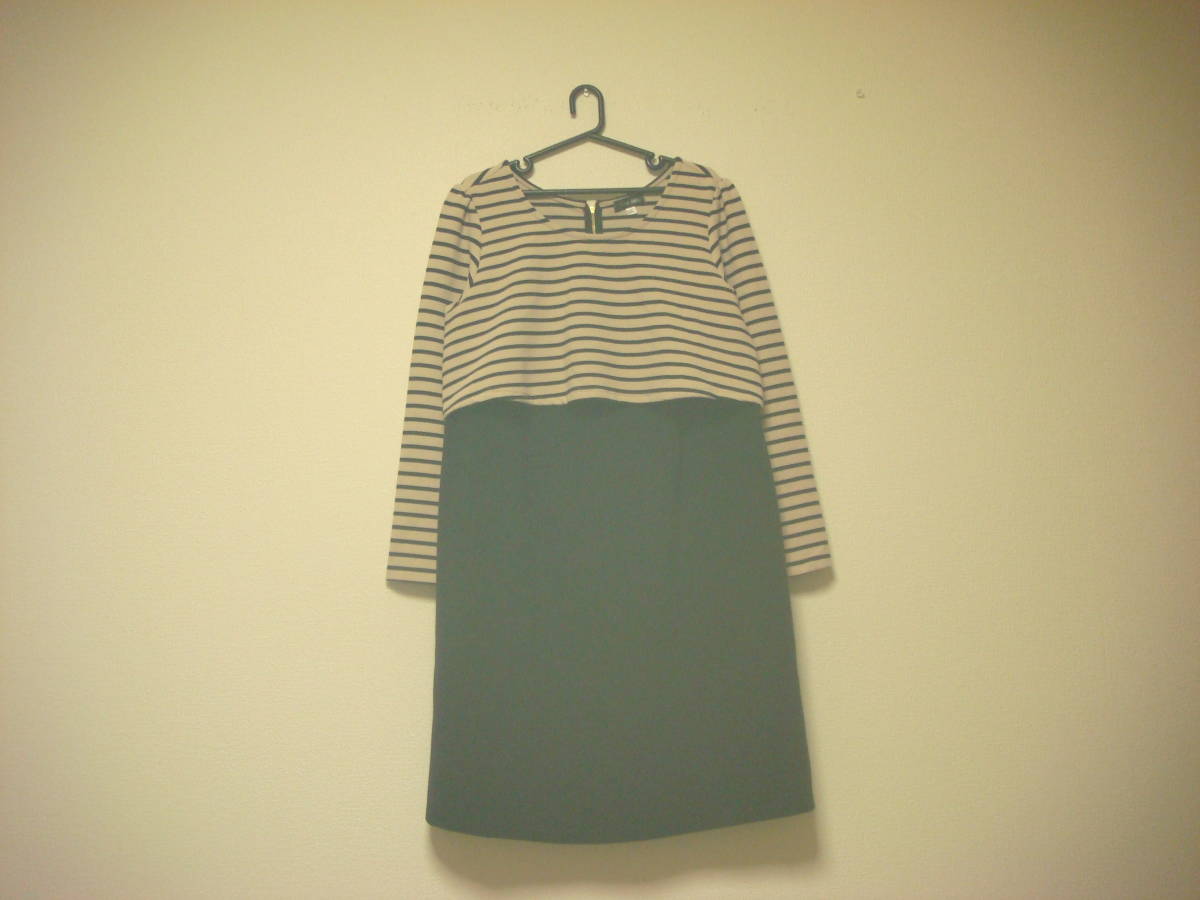 マタニティ 重ね着風 授乳服 ボーダー ティアード切り替え ワンピース 黒ベージュ L拍卖