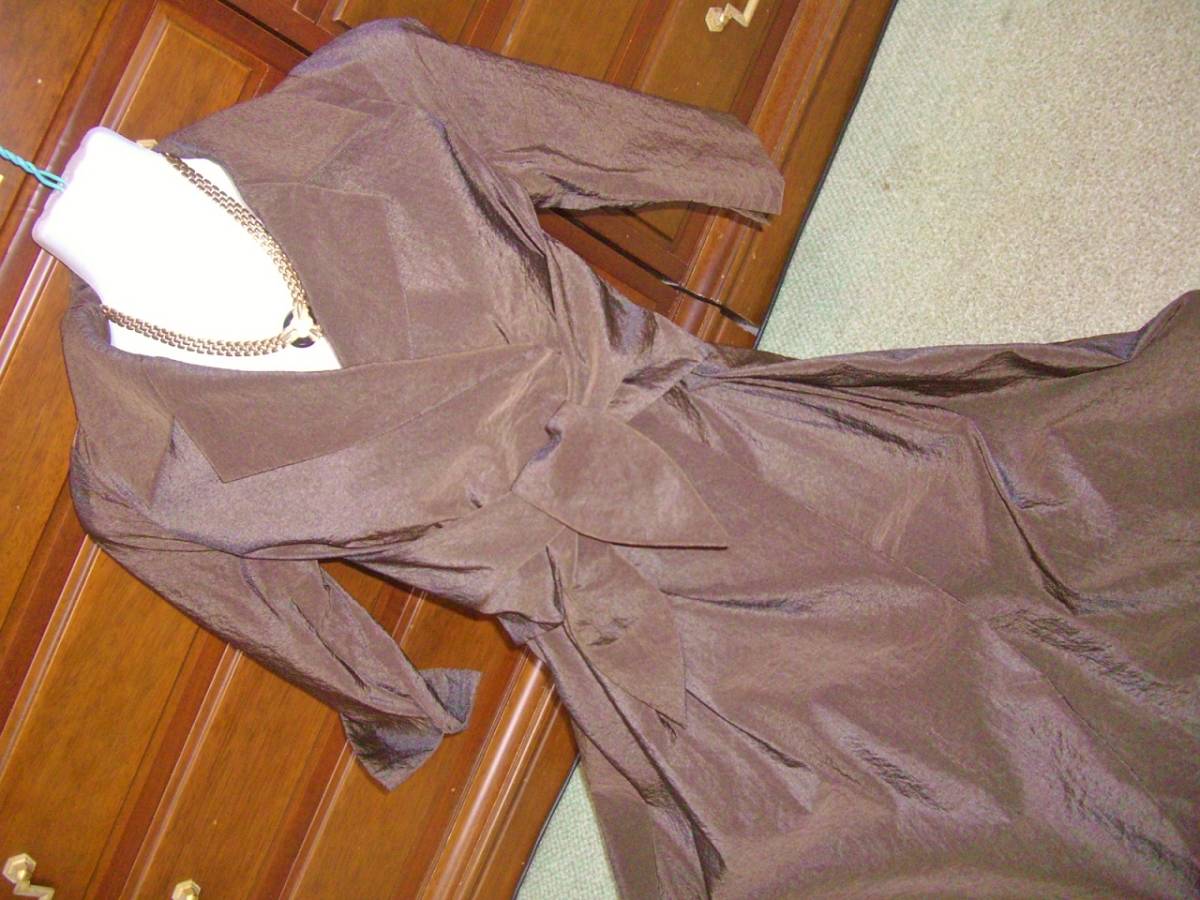 希少色★6万★シビラ★タフタ風 マキシ丈 リボンベルト★40サイズ★茶系★ワンピース 丈128cm 披露宴 パーティ 拍卖