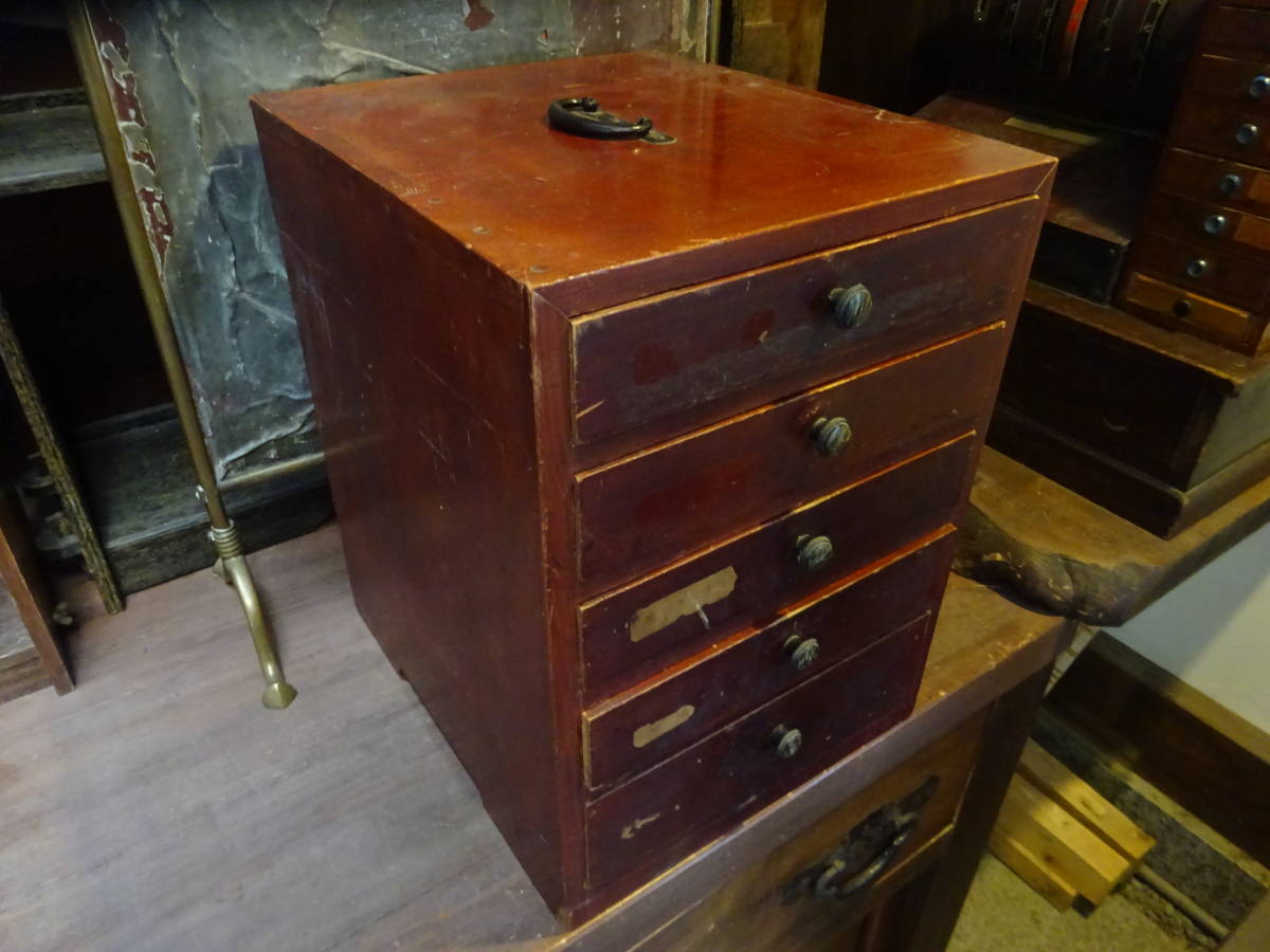 【木製5段引出し】無垢材事務書棚インテリア文具ウッド収納ケースアンティークインダストリアル古道具カフェドライフラワーレジ台拍卖