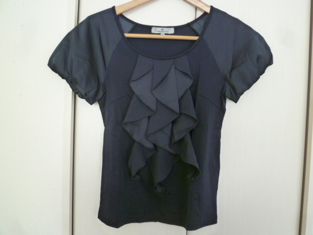 Viaggio Blu/ビアッジョブルー○紺サテンバルーン袖フリル異素材カットソー2/ネイビー半袖トップスビッキー○T825拍卖