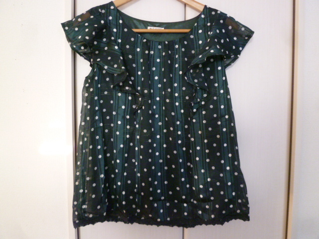 axes femme/アクシーズファム○グリーン透け格子デザイン水玉フリルシフォンブラウスカットソーM/フレアー裾レース緑半袖トップス○T825拍卖