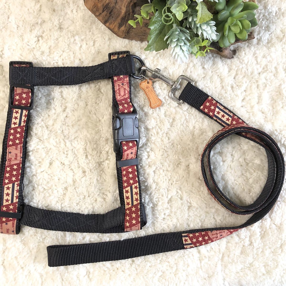 ★同梱お得★胴輪&リード・大型犬・カントリー柄-No.19・赤♪拍卖