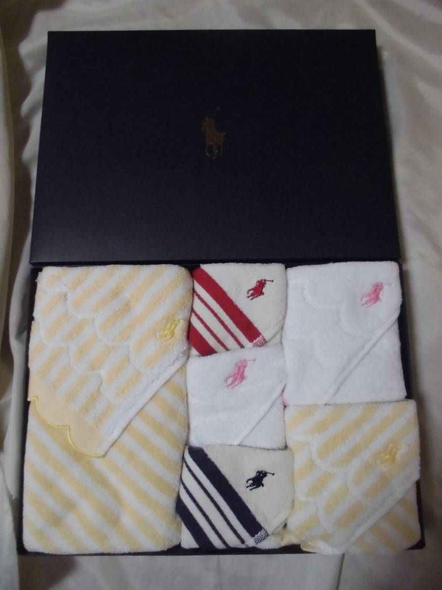 ■ POLOラルフローレン 箱入り 6枚セット フェイスタオル1枚 ウォシュタオル2枚 ミニタオル3枚 箱入り 新品未使用拍卖