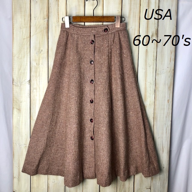 USA古着 60~70's USA製 ヴィンテージ ツィード ウール ロングスカート 6/7 フレア レトロ オールド アメリカ古着 米国製 ●67拍卖