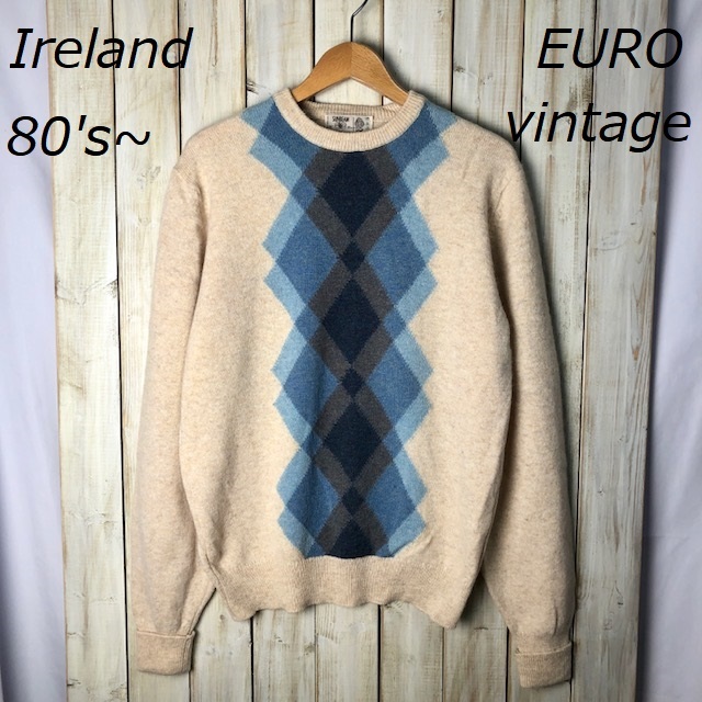 ヨーロッパ古着 80's~ アイルランド製 SUNBEAM アーガイル ラムウールセーター 40 ヴィンテージ オールド EURO ユーロ 北欧 ●33拍卖