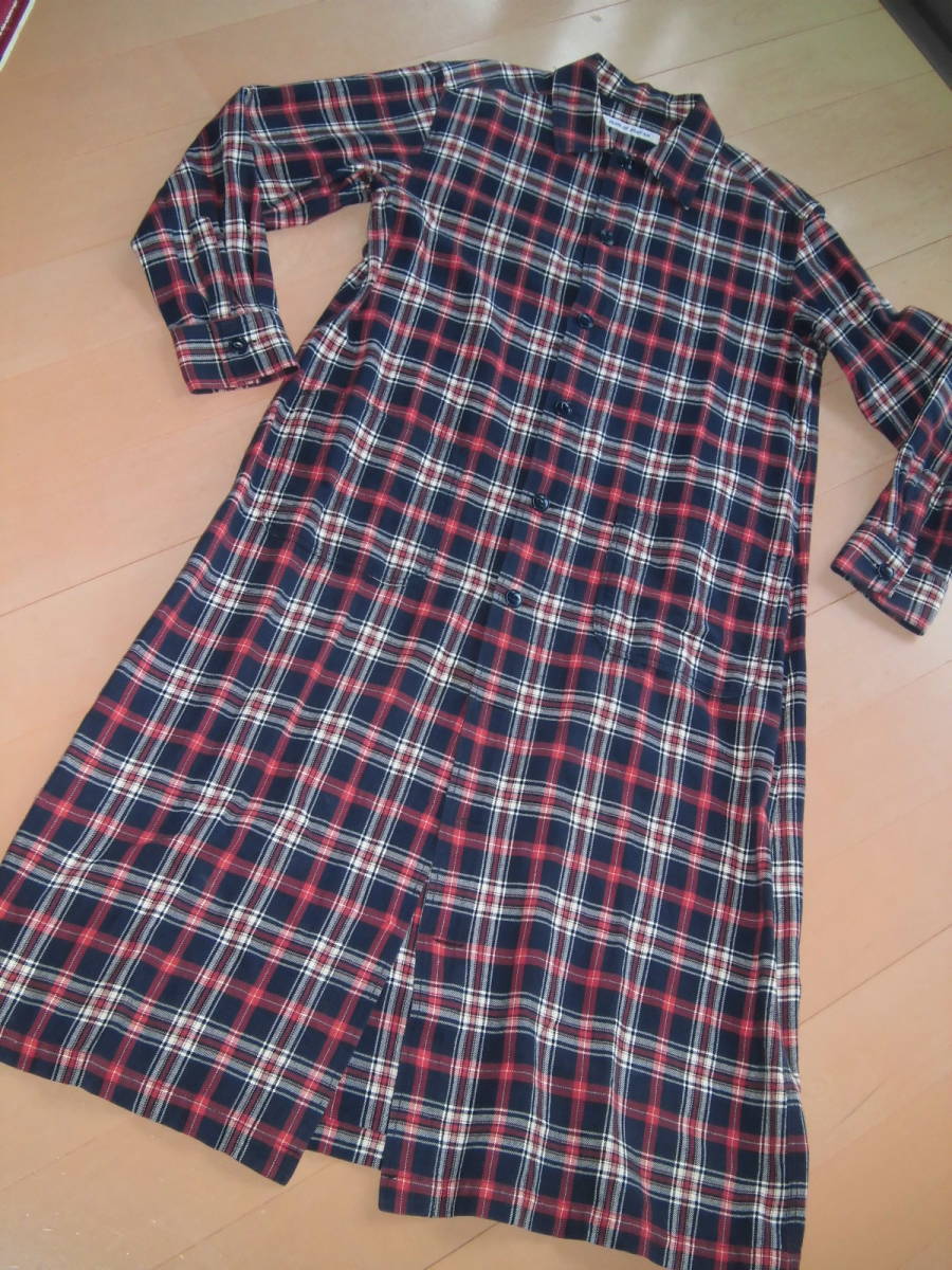 ★★★厚地★羽織にも★マキシロング★チェックシャツワンピース★紺×赤×白★ボタン欠損あり★★★拍卖