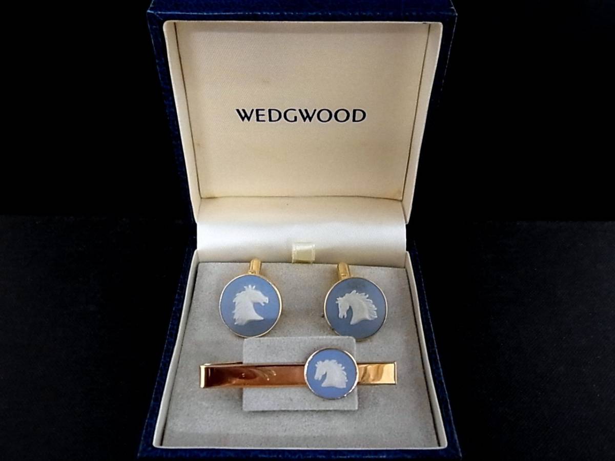 ◎№0601◎■良品■「馬」ウェッジウッド【ゴールド】水色■カフス&タイピン・ネクタイピン セット♪拍卖