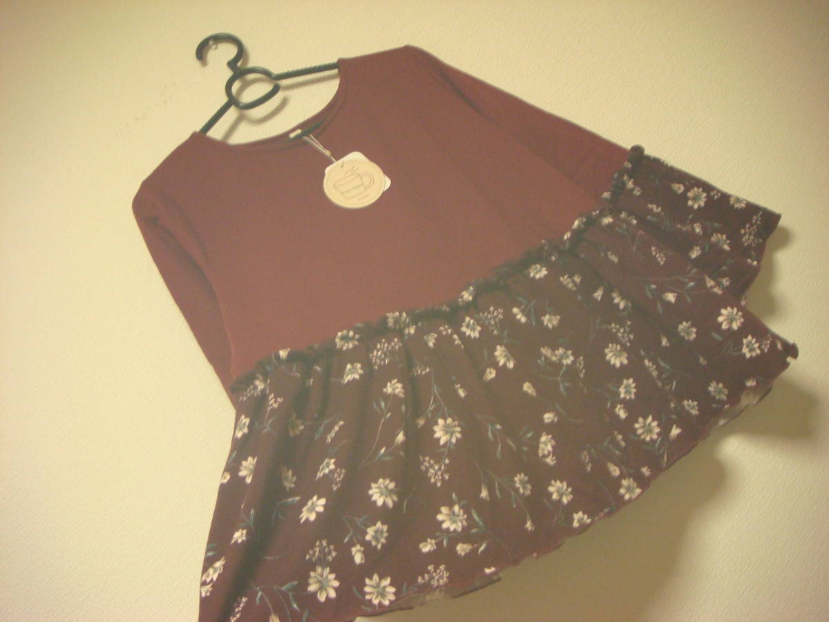 大きいサイズ 花柄フリル 切り替え トップス 裏起毛 タグ付き未使用 新品 赤系 4L拍卖