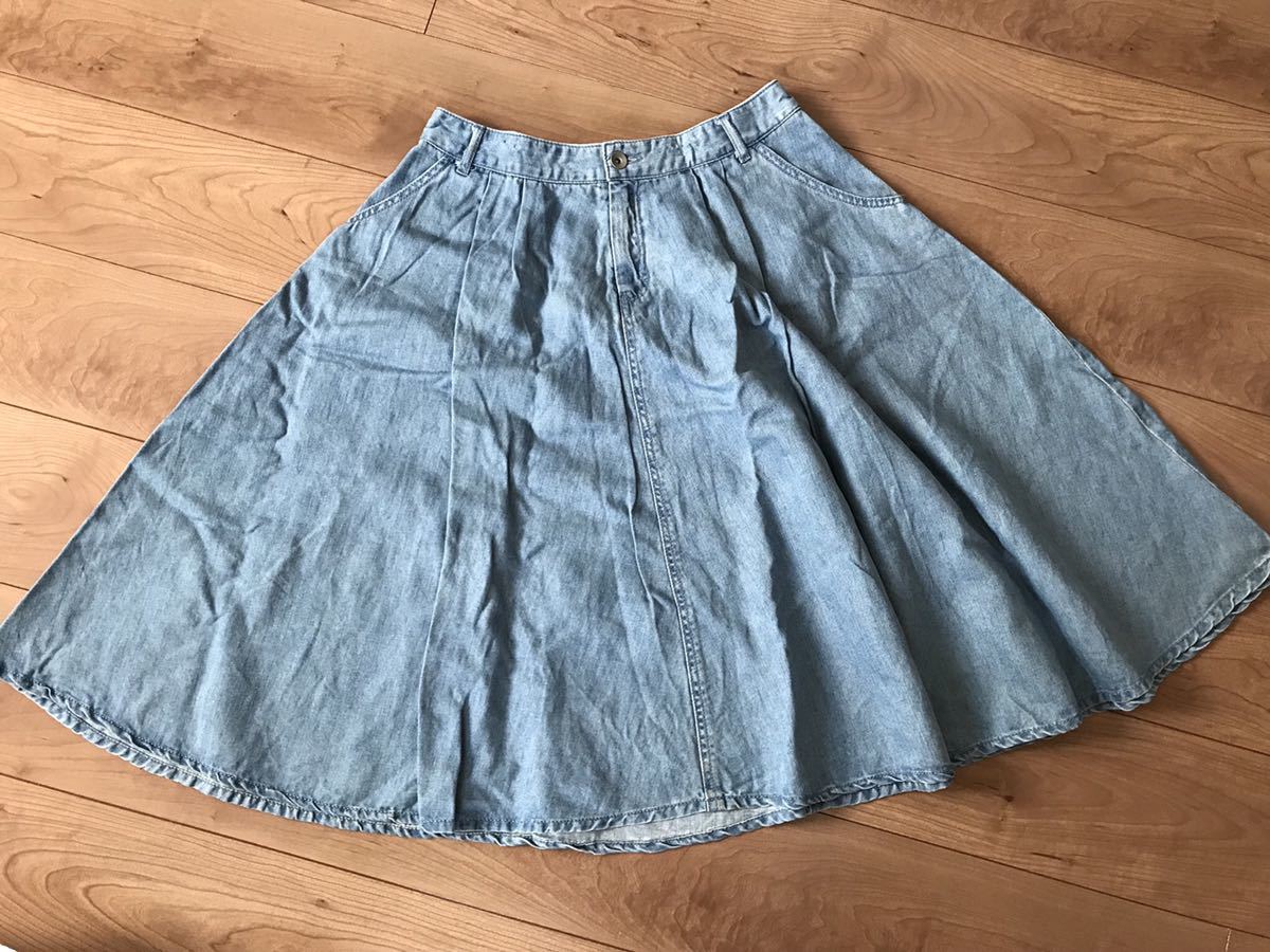 global work shuca 綿麻 シャンブレーデニム スカート 薄手 Lサイズ ブルー 膝丈 フレアスカート拍卖