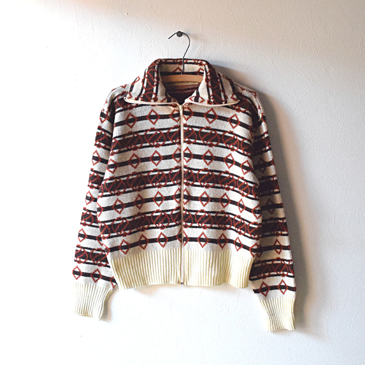 【送料無料】70s ヴィンテージ ジャガード ジップニット セーター レディースL CH0186拍卖