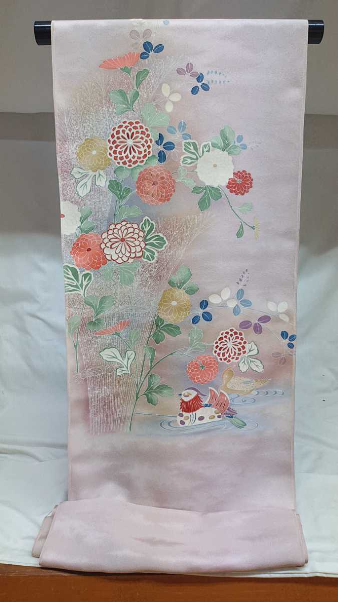 新品 手描き附下げ 着尺 14 薄い藤色系 草花に鴛鴦柄 丹後ちりめん 正絹 未仕立て 未使用 オシャレ着 古布 リメイク はぎれ 拍卖