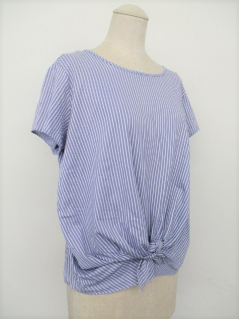 【お買得!】★ganiel★レディース半袖カットソー ストライプ柄/青系/前結び/Mサイズ拍卖