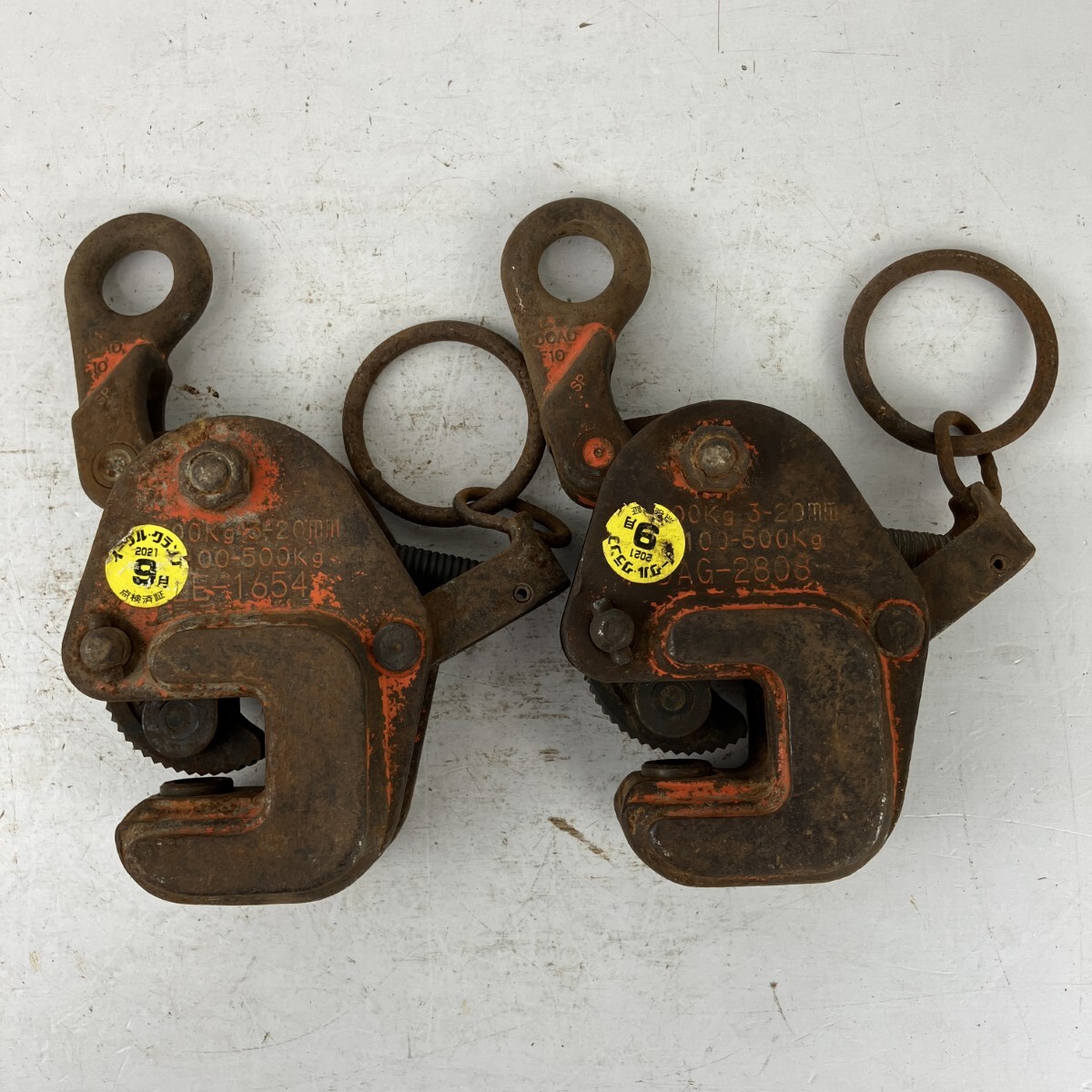 ЗЗ EAGLE CLAMP (2) 500kg 横つり用クランプ 2個セット ※点検済証シールあり G-500 オレンジ 傷や汚れあり拍卖
