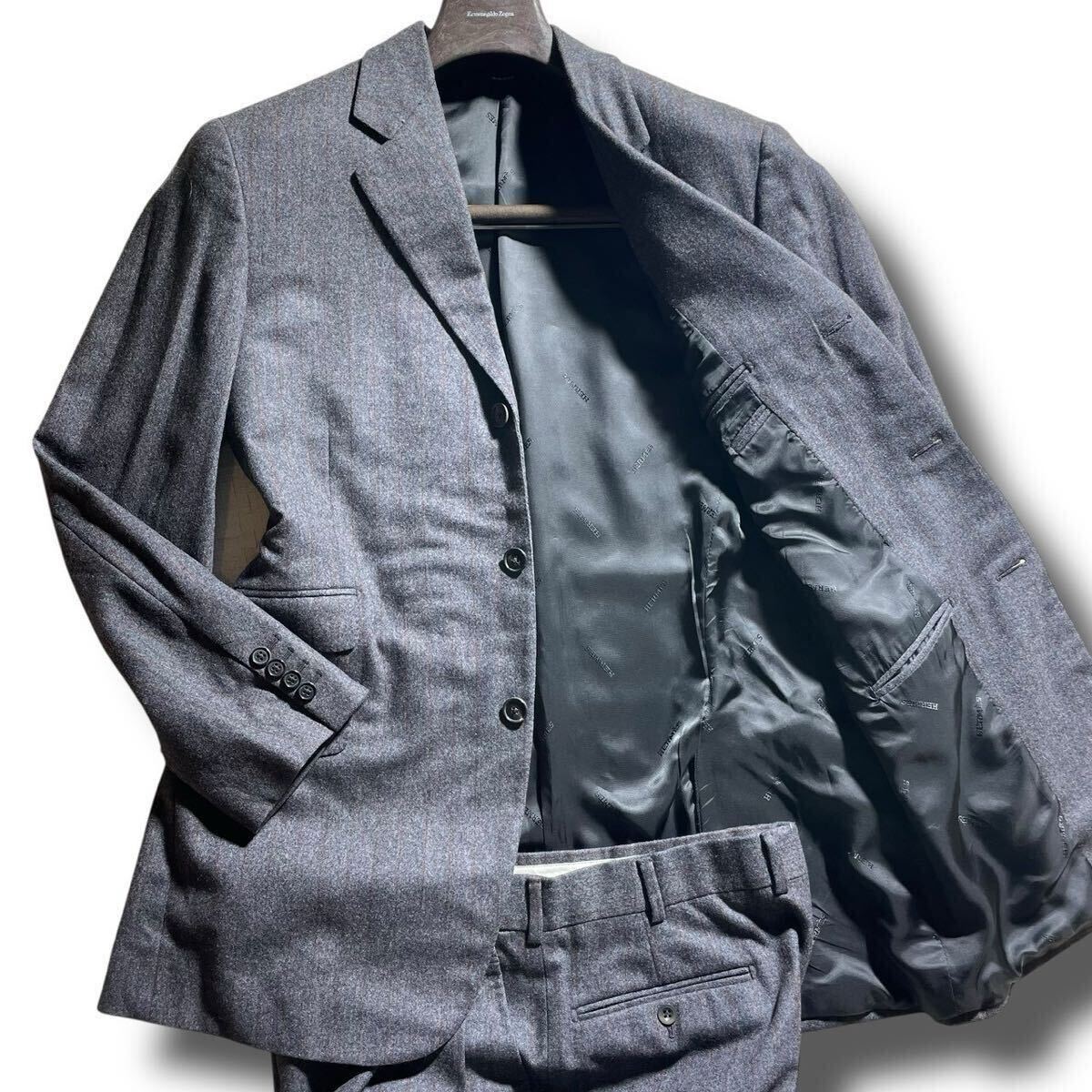 HERMES『最高峰カシミヤ!!!』エルメス◇定価70万相当 美品◇高級スーツ セットアップ 48 Lサイズ グレー 秋冬 起毛 ストライプ カシミア拍卖
