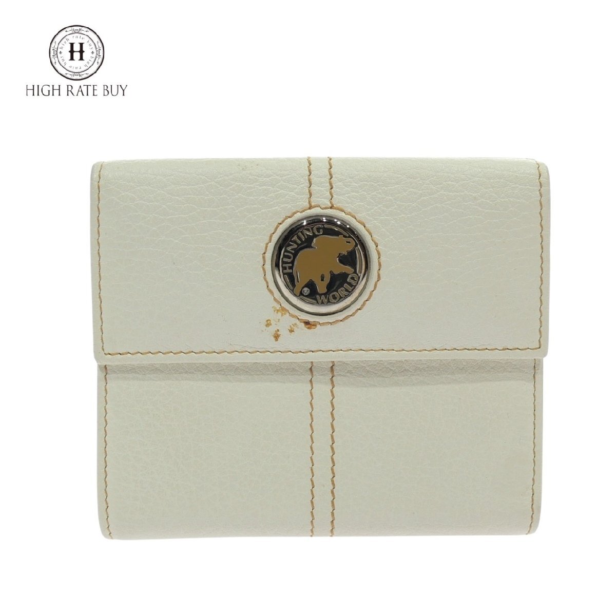 1円スタート HUNTING WORLD ハンティングワールド レザー 三つ折り財布 Wフラップ ロゴ ウォレット 札入れ 小銭入れ ホワイト レディース拍卖