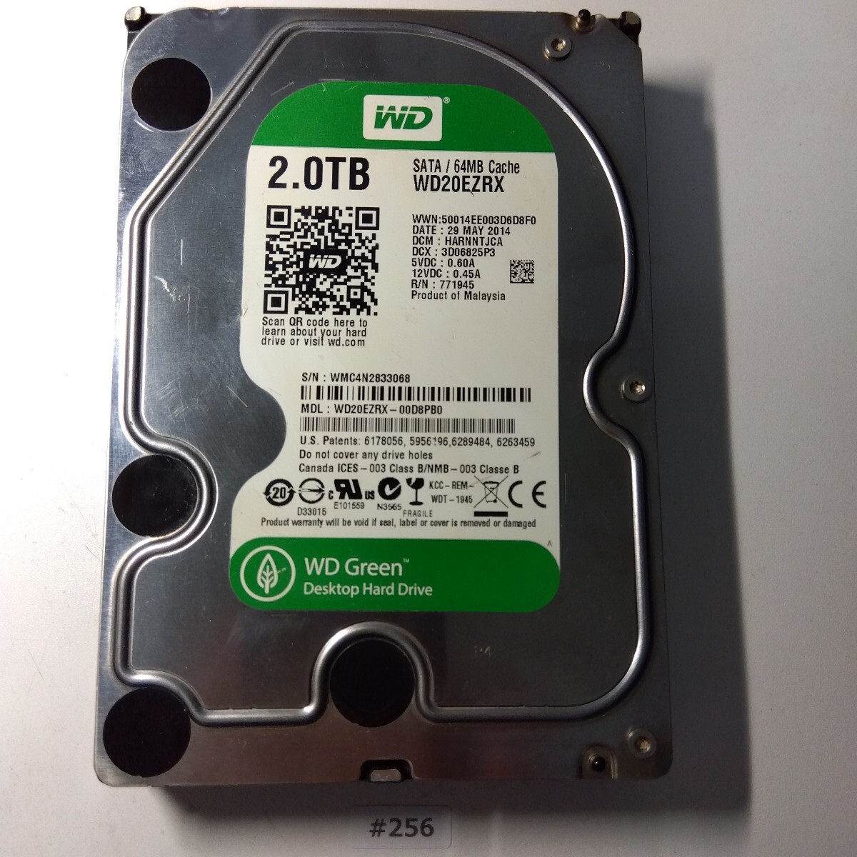 HDD 2TB 使用時間294H 3.5インチハードディスク / Crystal DiskInfo 正常 / #256 / Western Digital WD Green / WDC WD20EZRX-00D8PB0拍卖