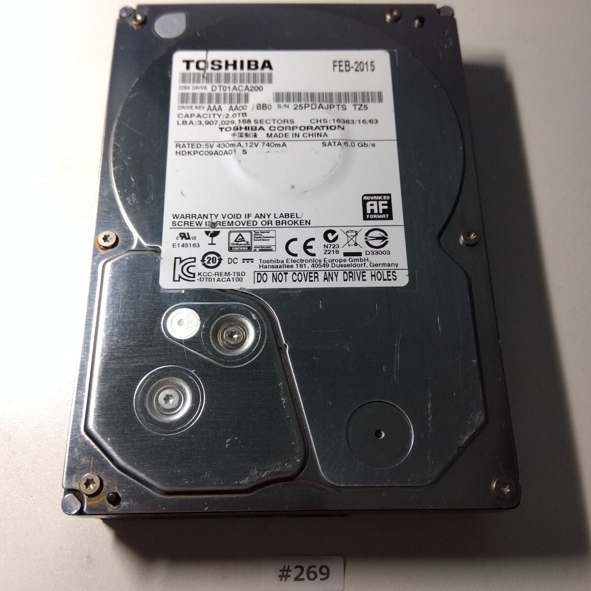 HDD 2TB 3.5インチハードディスク / Crystal DiskInfo 正常 / #269 / TOSHIBA DT01ACA200拍卖