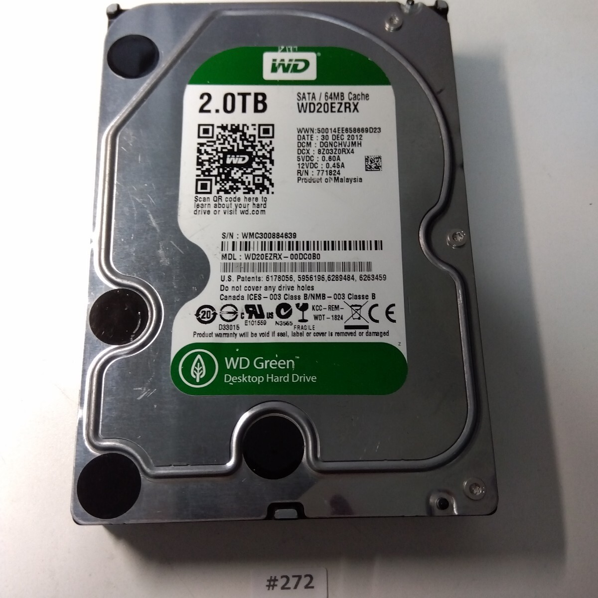 HDD 2TB 3.5インチハードディスク / Crystal DiskInfo 正常 / #272 / Western Digital WD Green / WDC WD20EZRX-00DC0B0拍卖