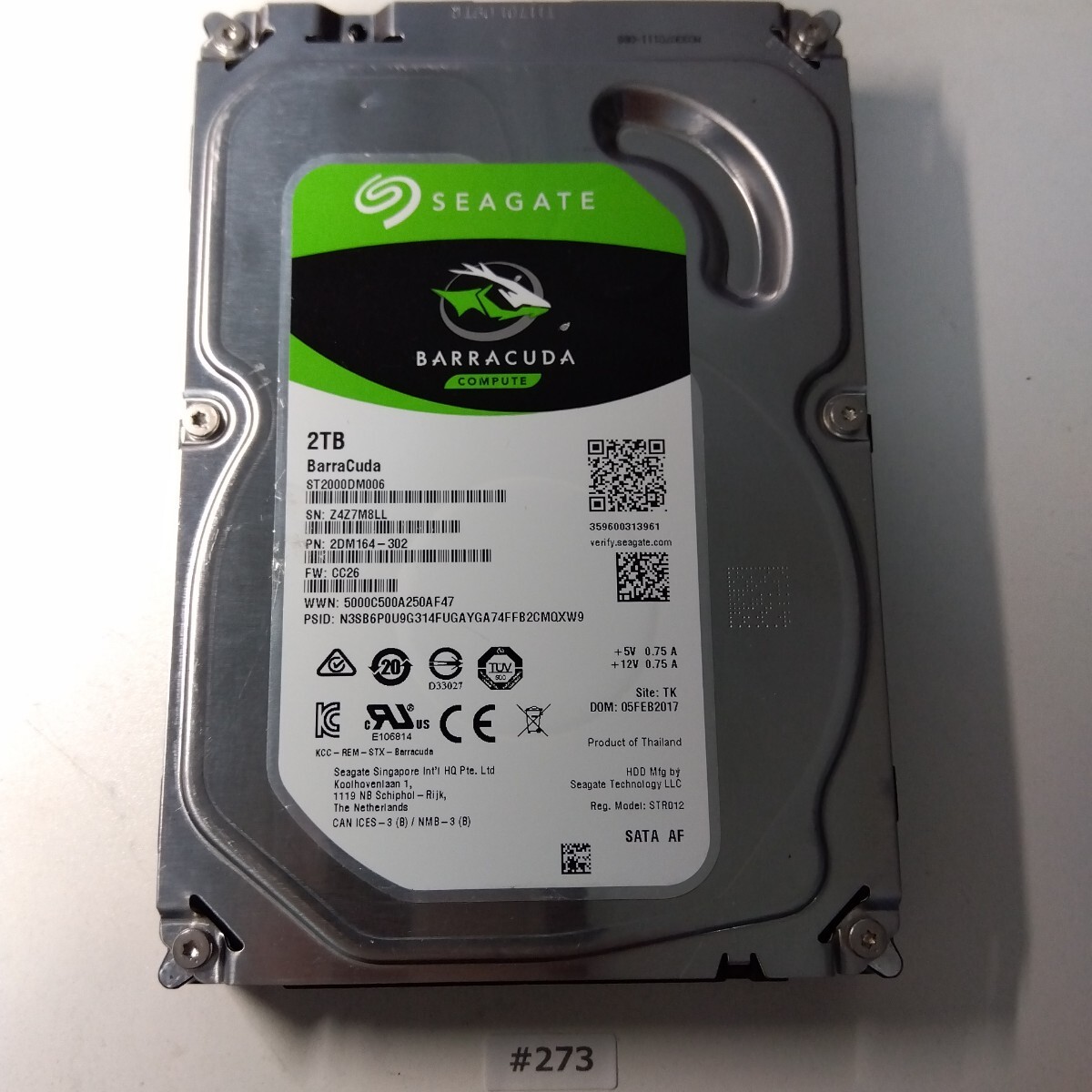 HDD 2TB 3.5インチハードディスク / Crystal DiskInfo 正常 / #273 / Seagate BarraCuda / ST2000DM006-2DM164拍卖
