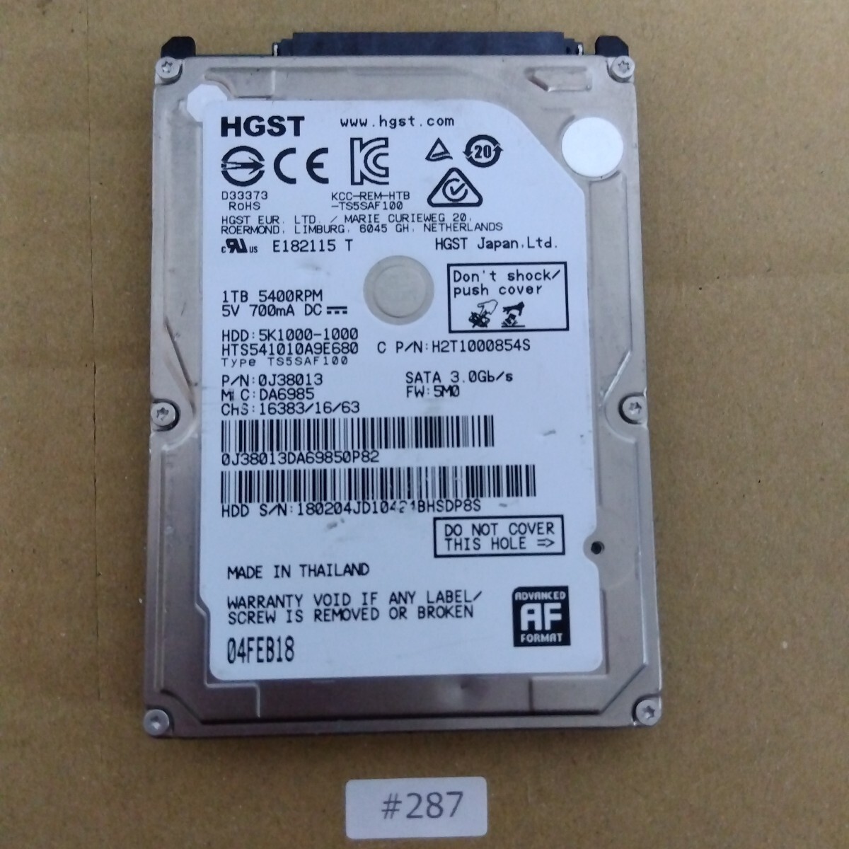 HDD 1TB 2.5インチハードディスク / Crystal DiskInfo 正常 / #287 / HGST HTS541010A9E680拍卖