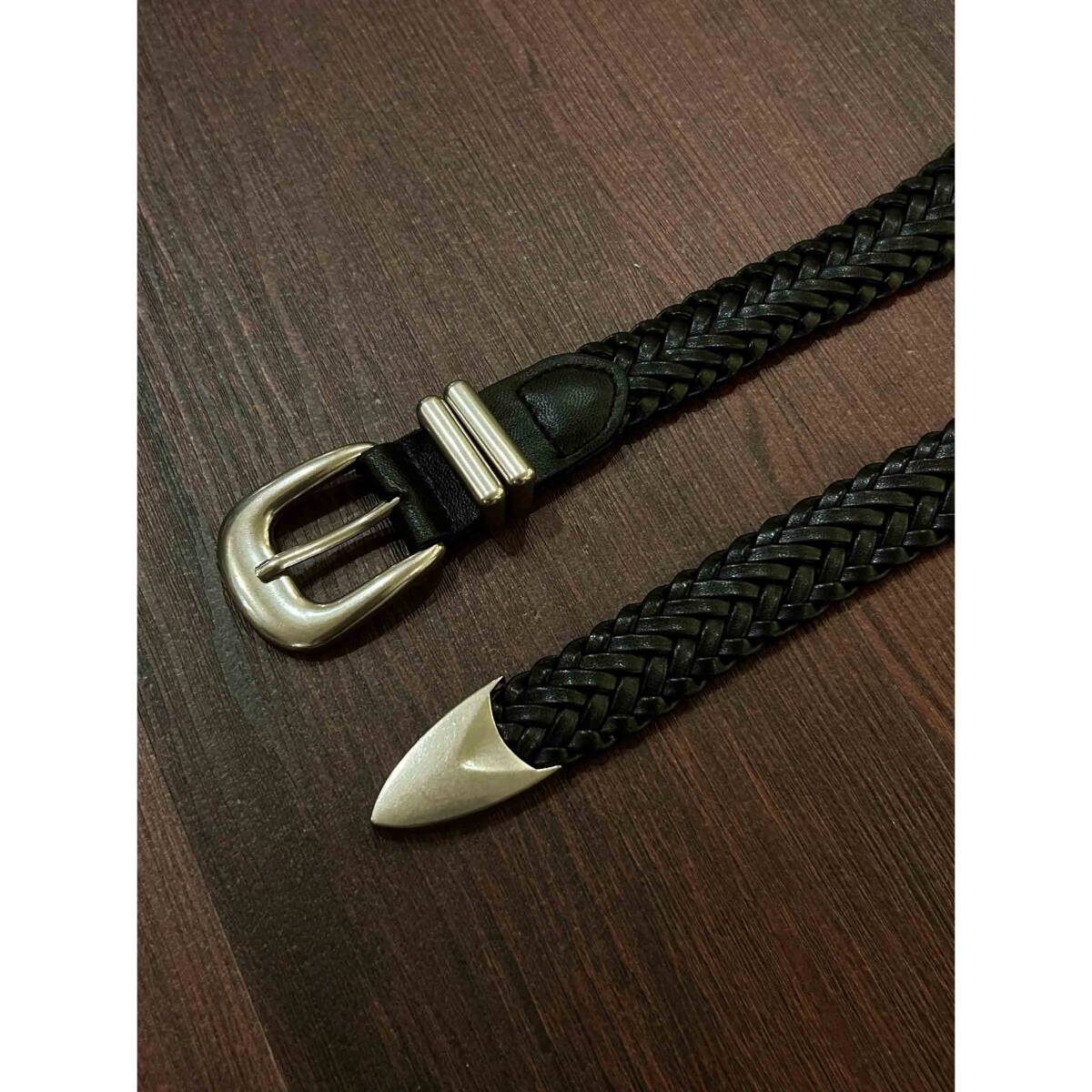レザーメッシュベルト 編込み 黒 シルバーバックル 男女兼用 110拍卖