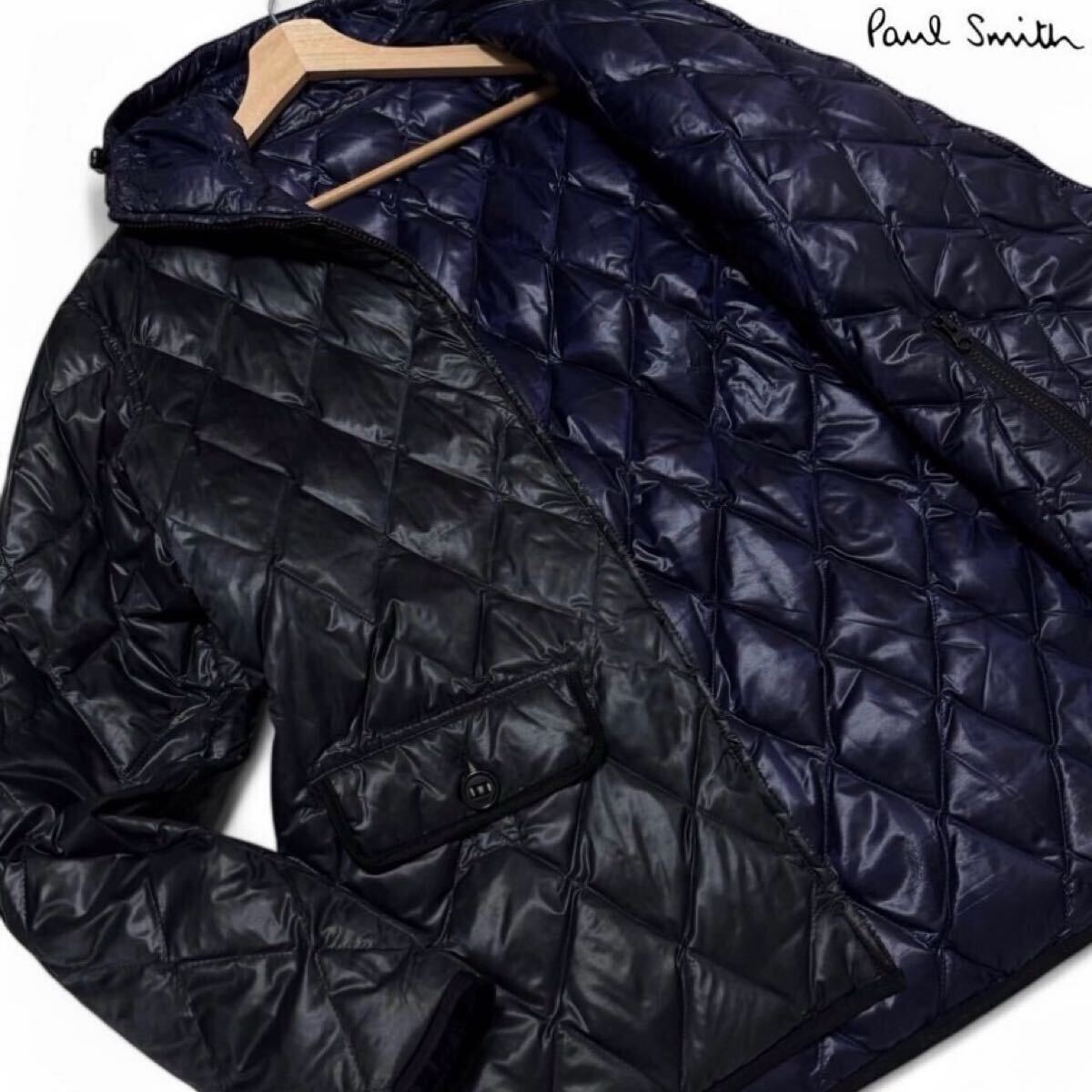 未使用級/Lサイズ●ポールスミス リバーシブル 極暖2way ダウンジャケット Paul Smith キルティング 軽量フーデットコートブラック 黒紺 拍卖