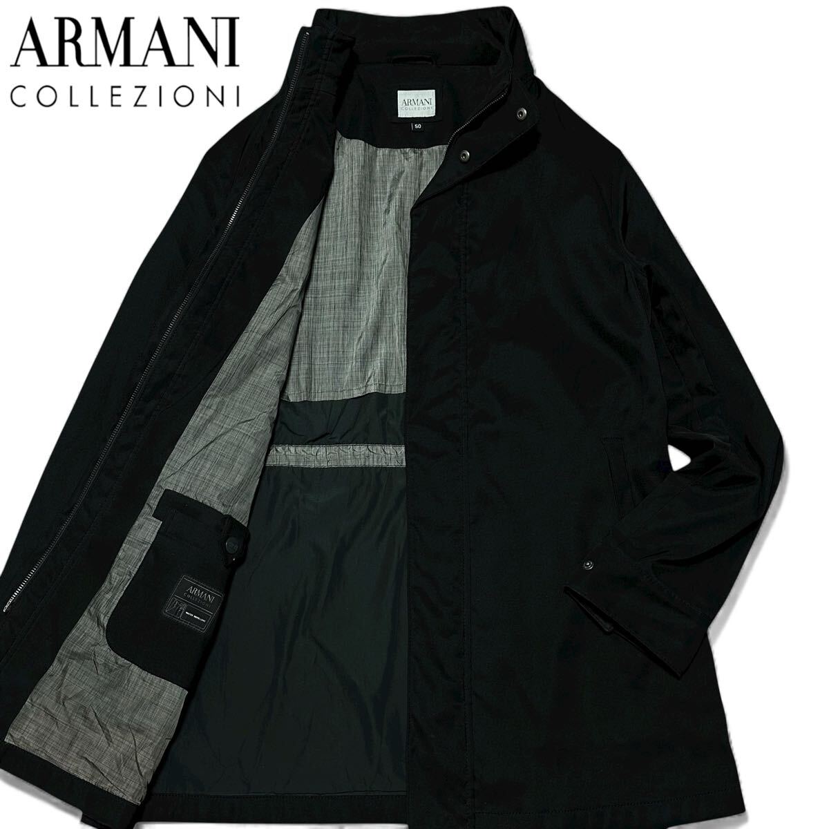 極美品/XLサイズ●アルマーニコレッツオーニ スタンドカラー ステンカラーコート ロングコート ダブルジップ 比翼 50 黒 ARMANI COLLEZIONI拍卖