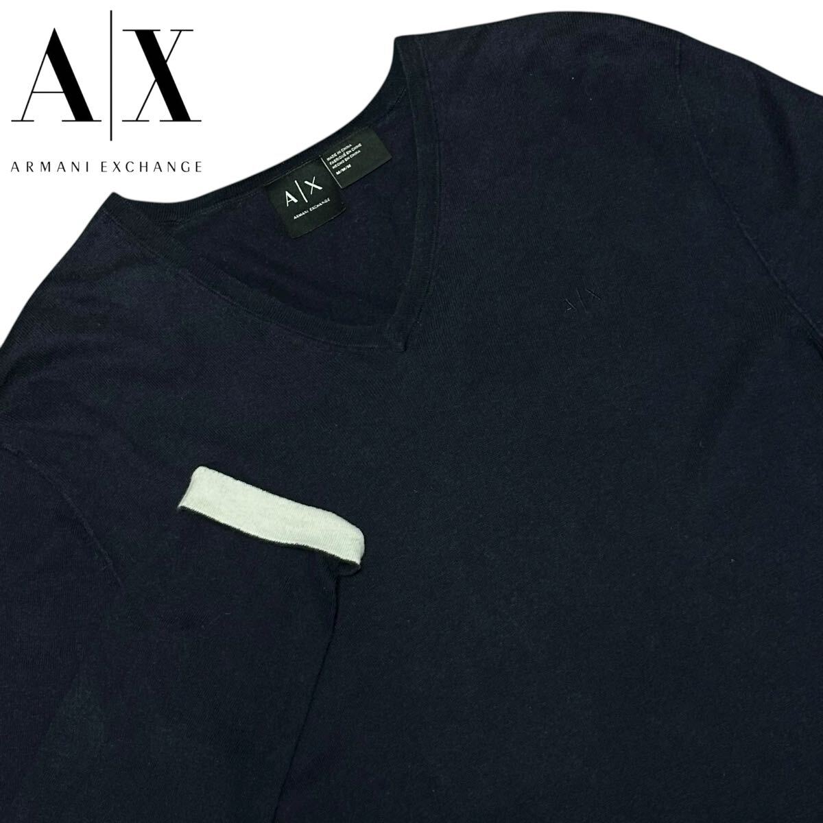 極美品/L相当●アルマーニ エクスチェンジ カシミヤ『漂う大人の極上の羽織り!』Vネック セーター ニット ロゴ刺繍 コットン 紺 ARMANI拍卖