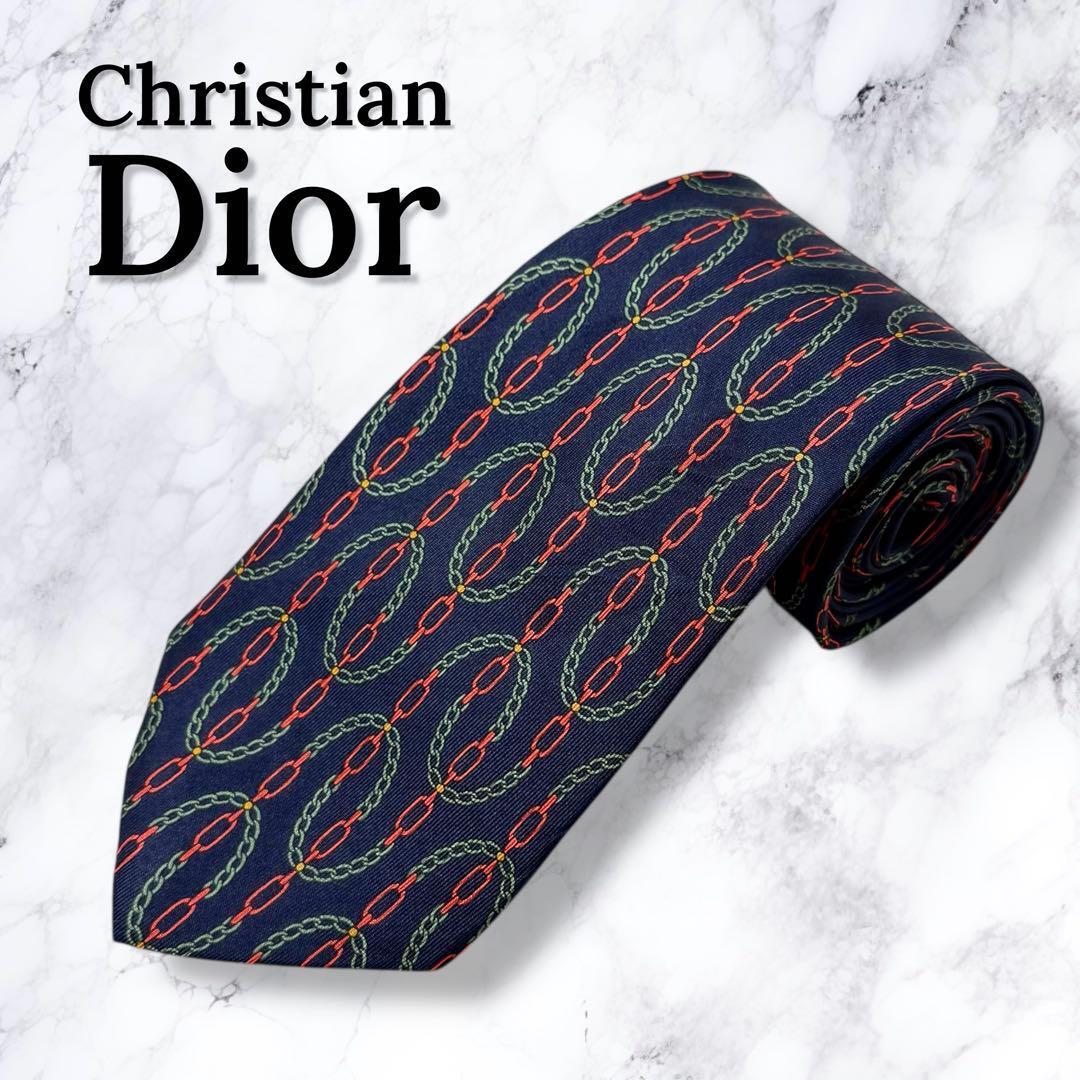 【極美品・送料無料】Christian Dior クリスチャン・ディオール ネクタイ チェーン柄 ネイビー 高級シルク イタリア製拍卖