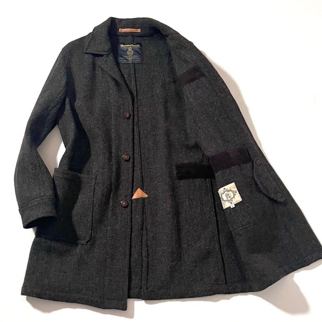 【美品】ビームス F×英国ハリスツイード ステンカラー コート 100周年記念モデル ヘリンボーン バルマカーン チンウォーマー付き M拍卖