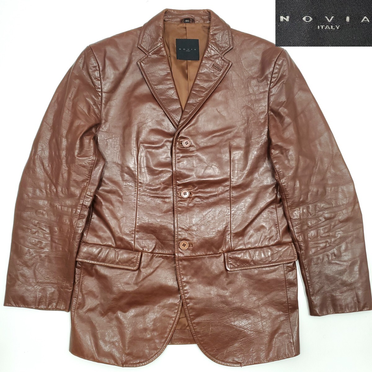 高級◆NOVIA ITALY◆M位レザーテーラードジャケット茶ブラウンメンズ本革ノヴィアイタリー本皮スーツ背広ビジネス革ジャン3つボタン SJ1618拍卖