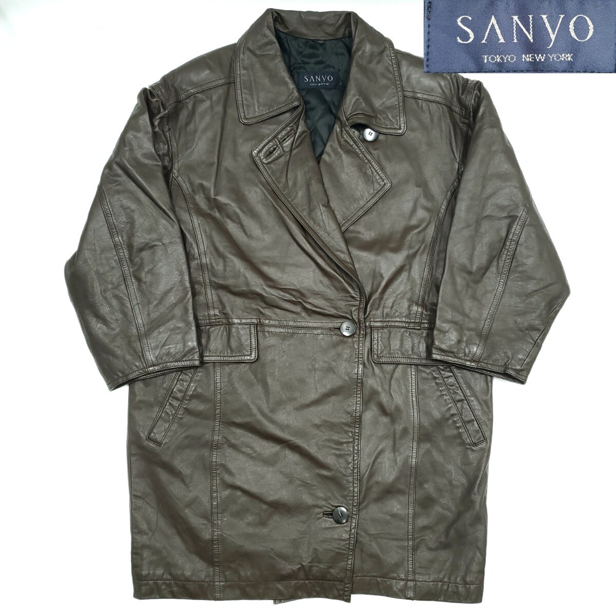 高級牛革◆SANYO◆レザーカーコート茶メンズS位レディース9AR本革サンヨー本皮ジャケット背広ビジネス革ジャン2つボタンステンカラー SJ584拍卖