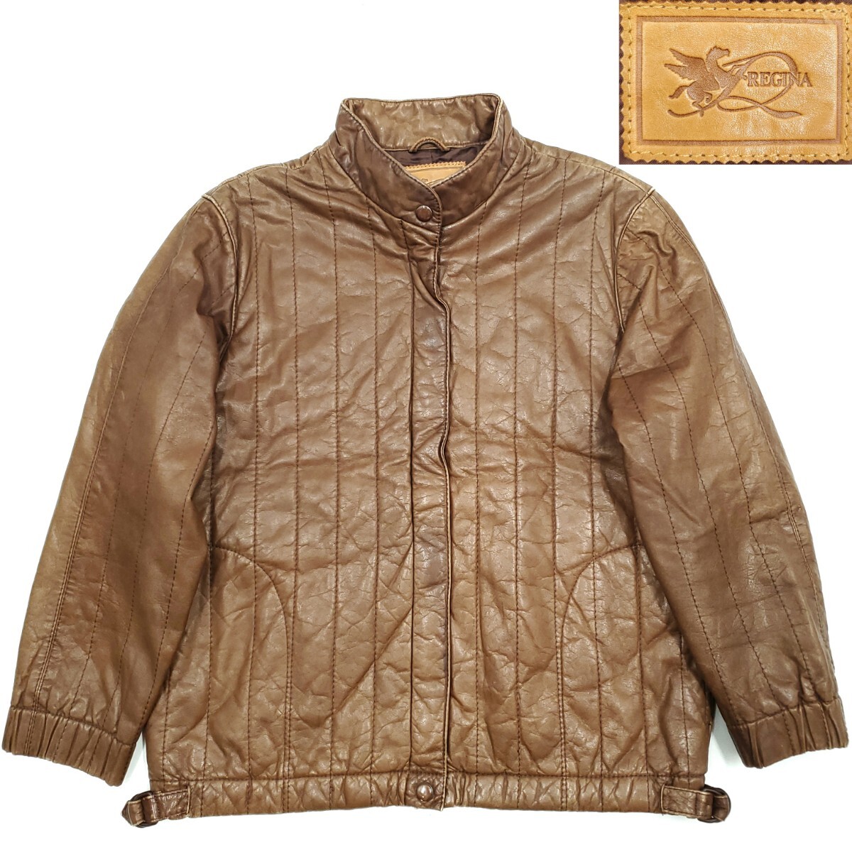 牛革キルティング◆REGINA◆メンズS位レザーライダースジャケット茶ブラウン本革レジーナ本皮シングル革ジャン立ち襟スタンドカラー SJ1585拍卖