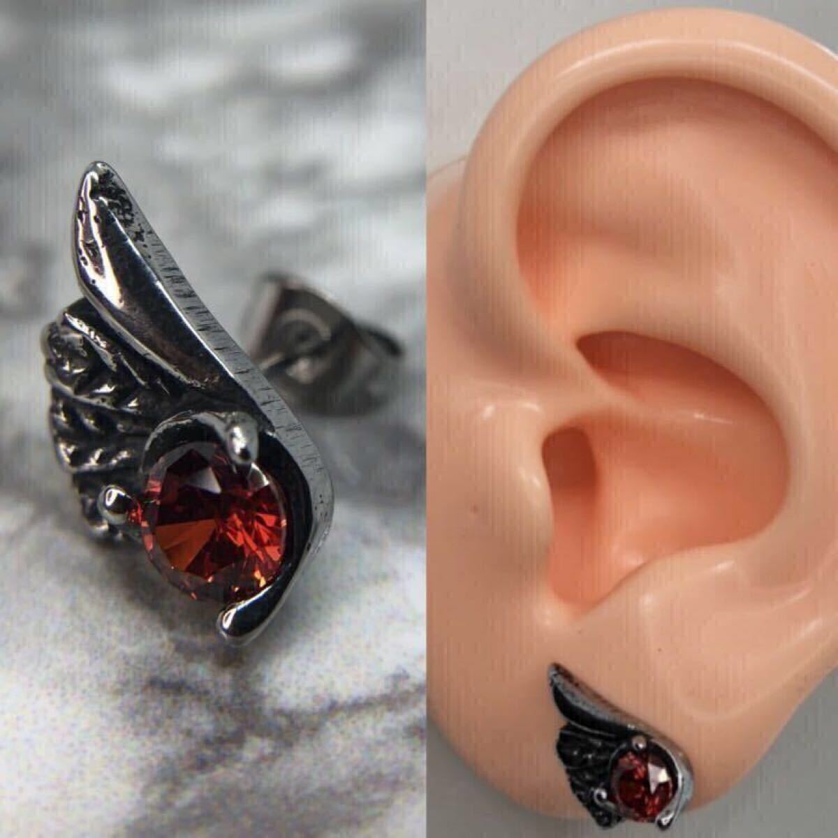 【新品】スタッド ピアス 18g 羽 羽根 エンジェル 翼 レッド シルバー アクセサリー 爪止め ワン ジルコニアダイア 片耳用 韓国 hiphop拍卖