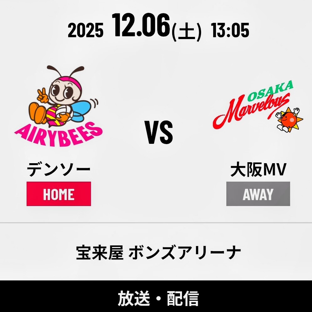 12/6(土) バレーボール デンソーエアリービーズ vs 大阪マーヴェラス 2階自由席 大人 1~4枚 SVリーグ 招待 チケット拍卖