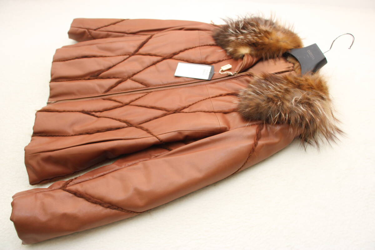 6911 新品タグ付き イタリア製オポサム&フォックスファー付きラムスキンジャケット ブラウン44サイズ 定価¥98,500税込み拍卖