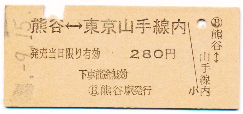 国鉄 相互式常備片道乗車券 熊谷←→東京山手線内拍卖