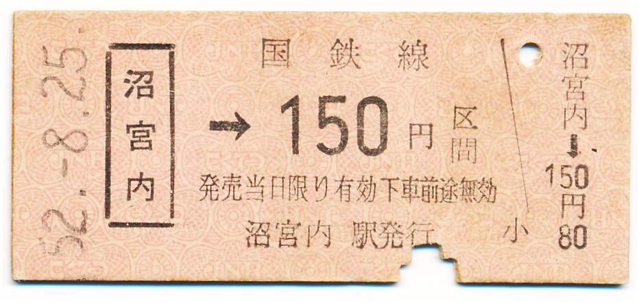 国鉄 金額式常備片道乗車券 沼宮内→国鉄線150円区間拍卖