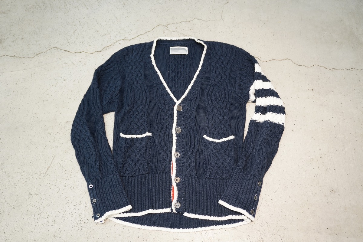 美品 正規 THOM BROWNE トムブラウン アラン ケーブル ニット カーディガン トリコロール 1紺本物 617P拍卖