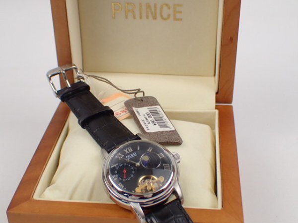 m3346 / 未使用 PRINCE プリンス P-0009 自動巻き 裏スケ 黒 文字盤 箱付 メンズ 腕時計 現状品 稼働品拍卖