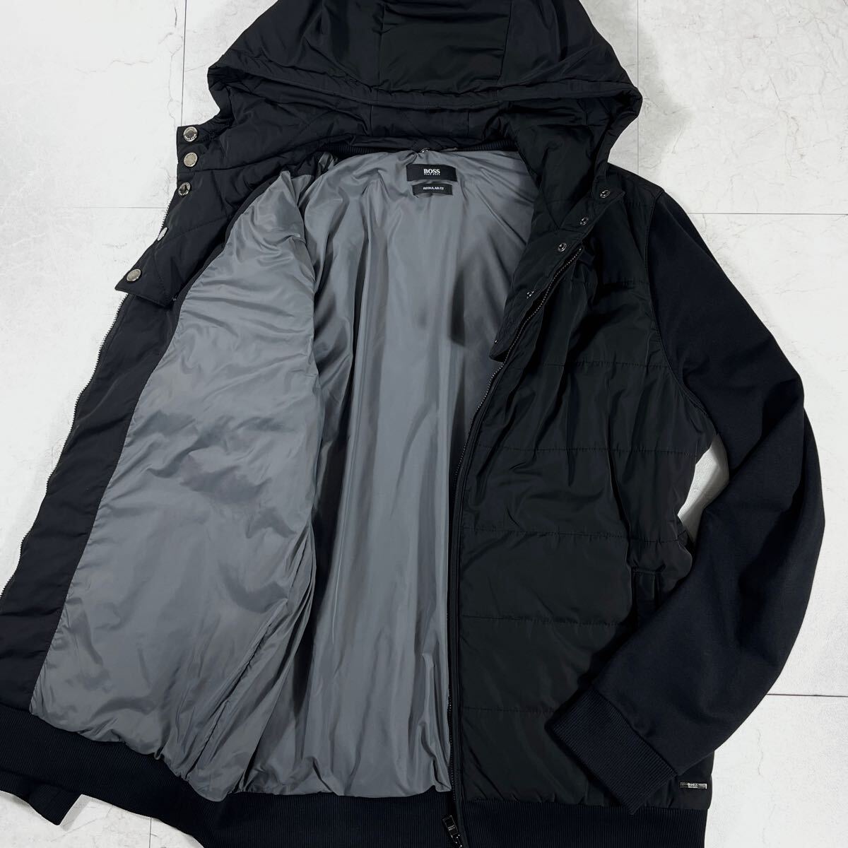 美品/L相当 ヒューゴボス ハイブリッド ジャケット パーカー フード 着脱可能 2way キルティング Wジップ フード ブラック 黒 HUGO BOSS拍卖