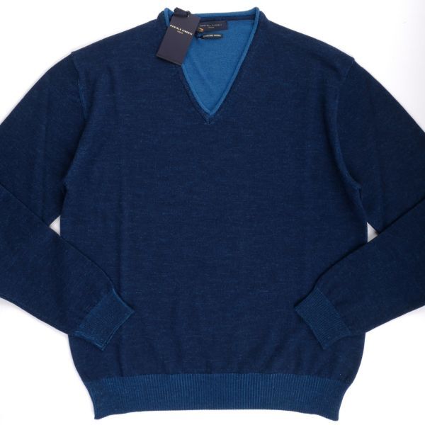 【新品未使用】DANIELE FIESOLI◆Made in Italy◆L◆エクストラファインメリノ ウール ネイビー Vネック ニット セーター◆バイカラー拍卖