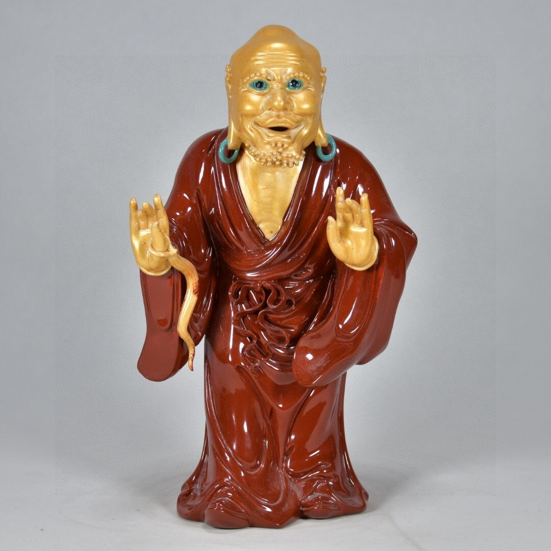 旧蔵 清 雕塑瓷 朱砂紅釉 加彩達摩 陶芸 古陶磁器 中国磁器 極細工 中国古玩 骨董品 古美味 210拍卖