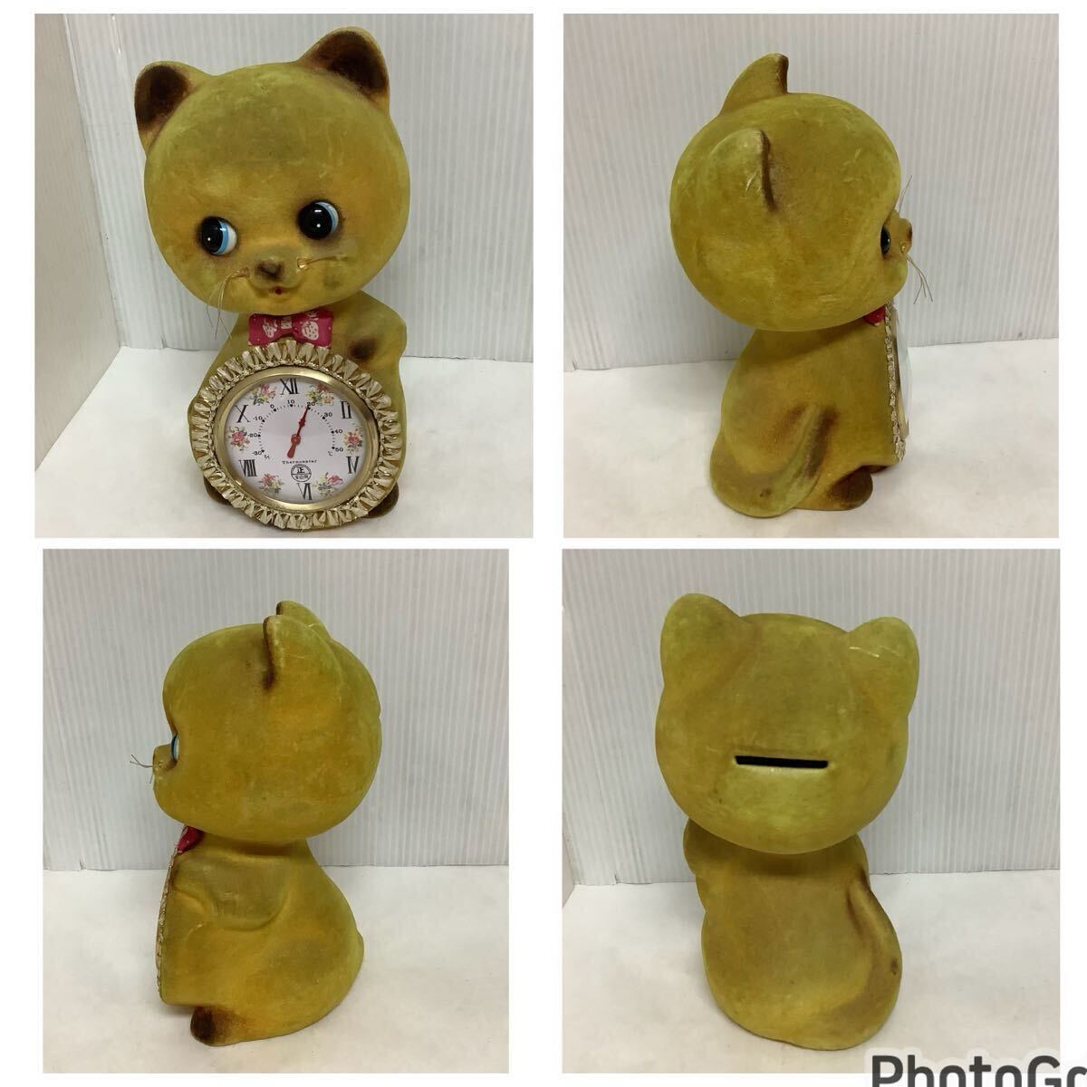 昭和レトロ ポップ アンティーク調 猫 ねこ ネコ 温度計 貯金箱 置物 インテリア雑貨 可愛い 当時物 年代物 コレクション 黄色 黄土色 23㎝拍卖