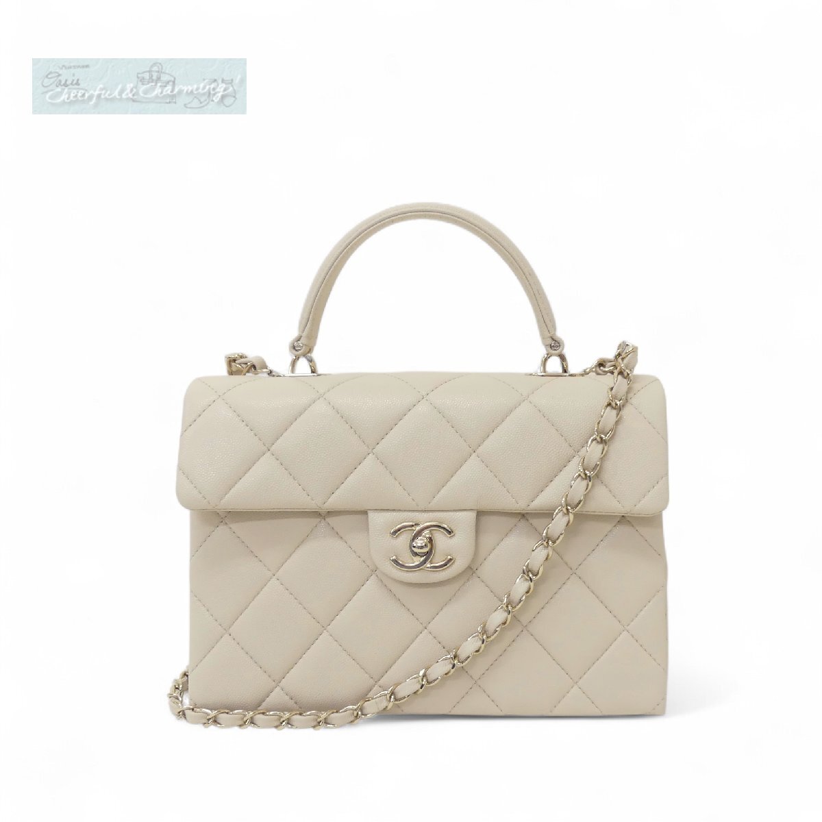 Sランク CHANEL トップハンドルフラップバッグ ケリー ワンハンドル ベージュ ゴールド金具 グレインカーフスキン AS4712拍卖